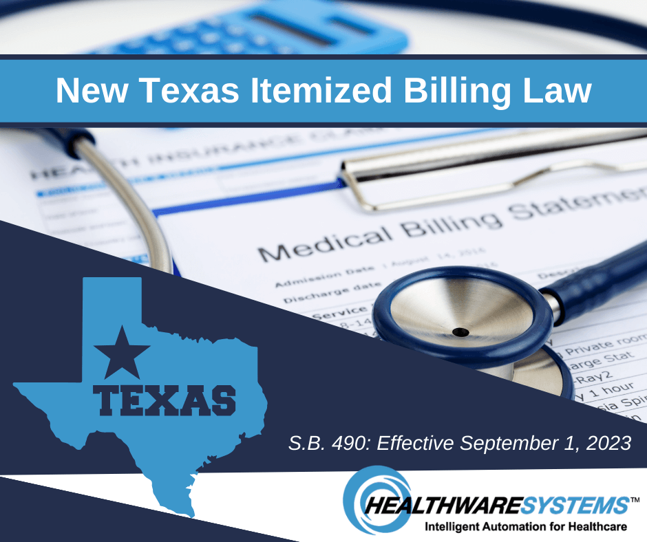 The shape of the state of Texas appears along with the words: New Texas Itemized Billing Law; S.B. 490: Effective September 1, 2023.