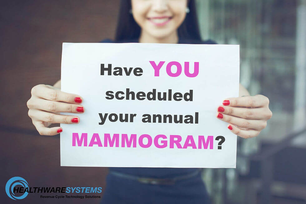 Increasing mammogram appointments… a woman holds a sign reading “Have YOU scheduled your annual MAMMOGRAM?”