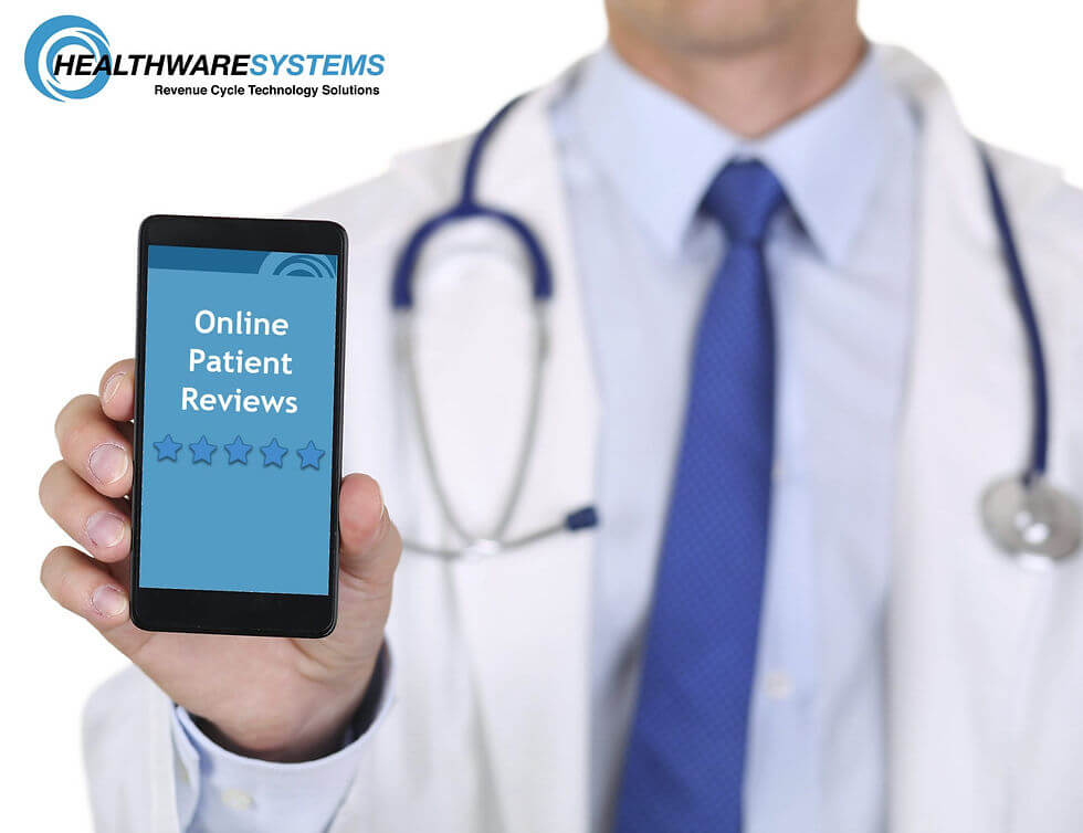 A doctor holds a smartphone showing online patient reviews.