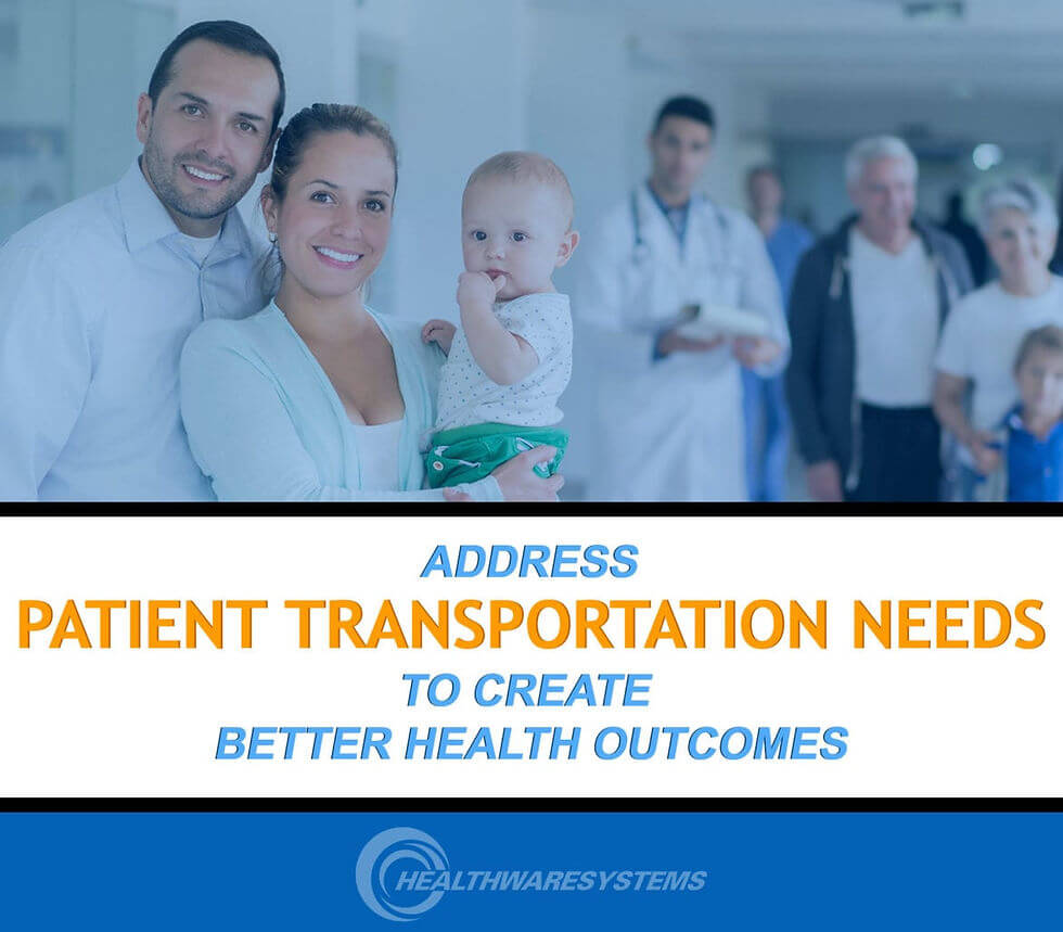 A doctor and patients smile behind the blog’s title: ADDRESS PATIENT TRANSPORTATION NEEDS TO CREATE BETTER HEALTH OUTCOMES.